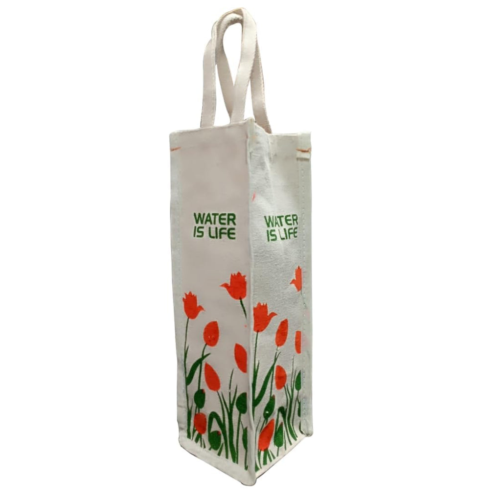 SHIBUI Eco-Friendly Cotton Bottle Carry Bag: Dual Compartment Design, Reusable and Sustainable Combo. (Tulip Print Pack of 2), White