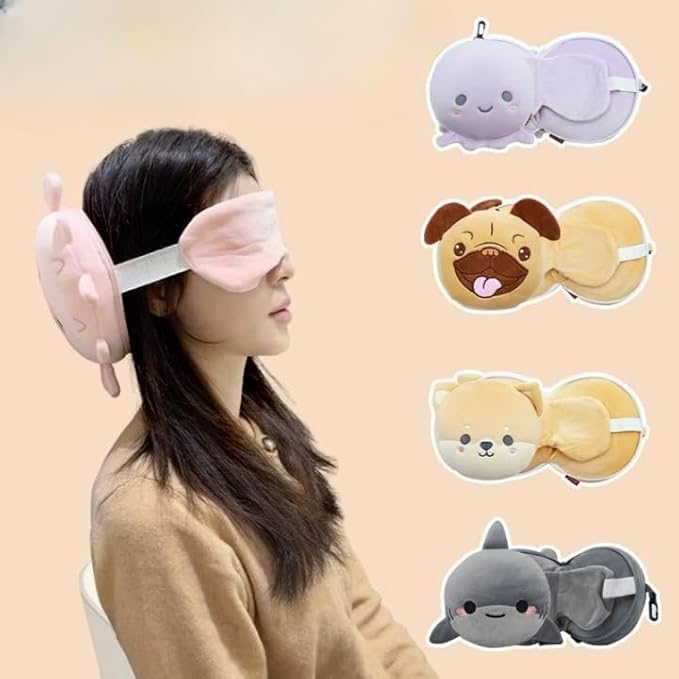 Red Travel Neck Pillow with Button Closure & Eye Mask Set | Soft Fiber Filled U-Shape Head & Neck Support Cushion for Airplane, Car & Office Use | Button Closure (Red)
