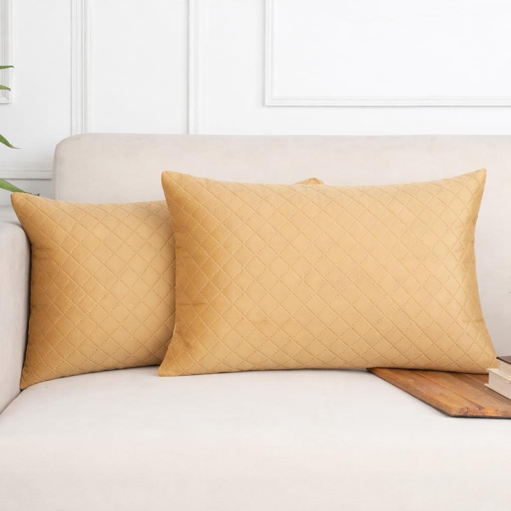 STITCHNEST Quilted Velvet Cushion Covers Set of 2 | Soft Brown | 12x18 Inches | Premium Sofa & Living Room Décor