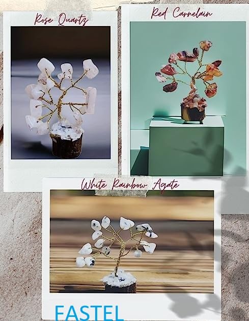 Fastel® Handcrafted Authentic Gemstone Tree Set of 12 Mini Natural Multi Crystal Tree for Reiki Healing Good Luck, Home Office Decor Gift with Golden Wire and 15 Beads Size (Small Size)