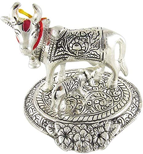 Prince Home Decor & Gifts Metal Kamdhenu Cow with Calf Statue Good Luck Holy Cow with Calf Statue/Metal Cow with Calf for Home Decor Spiritual Showpiece Figurine (Flower Sp, 180)