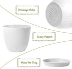 StyleX Store Plastic Round Flower Pots with Drainage Hole Saucers | Durable Outdoor Indoor Wave Pattern Planters with Tray | Plant Containers for Garden, Office, Balcony and Home (Set of 5, White)