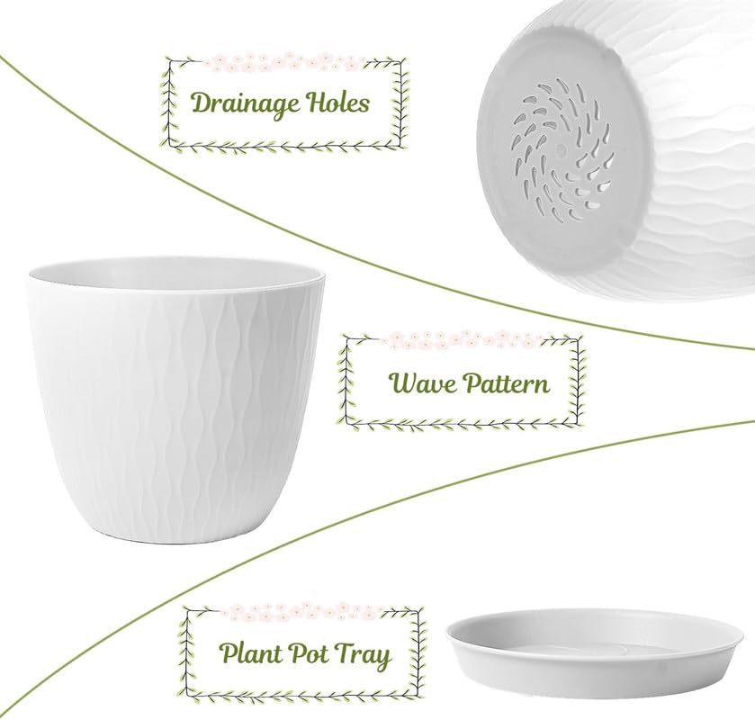 StyleX Store Plastic Round Flower Pots with Drainage Hole Saucers | Durable Outdoor Indoor Wave Pattern Planters with Tray | Plant Containers for Garden, Office, Balcony and Home (Set of 5, White)