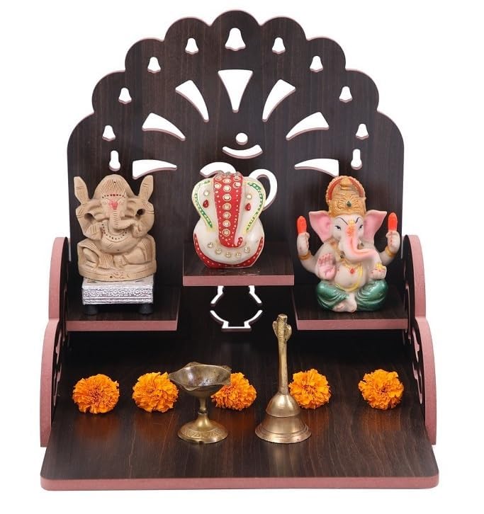 AVONIX Premium Traditional Wooden Pooja Mandir, Tabletop Pooja Mandir with Om Cutout & Three-Tier Platform | MDF Home Temple for Idols, Diya & Prayer Decor | Dark Wood Finish(Dark-Brown)