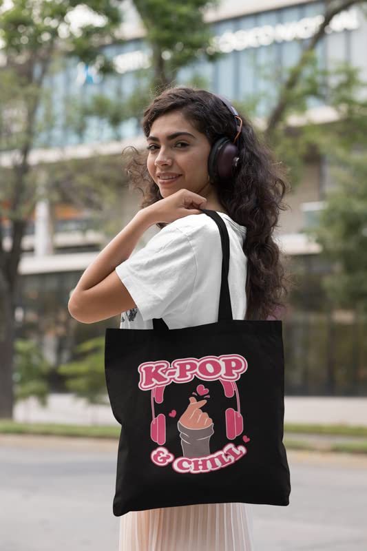 TheYaYaCafe BTS Printed Canvas Cotton Black Tote Bag With Zipper for Women and Girls
