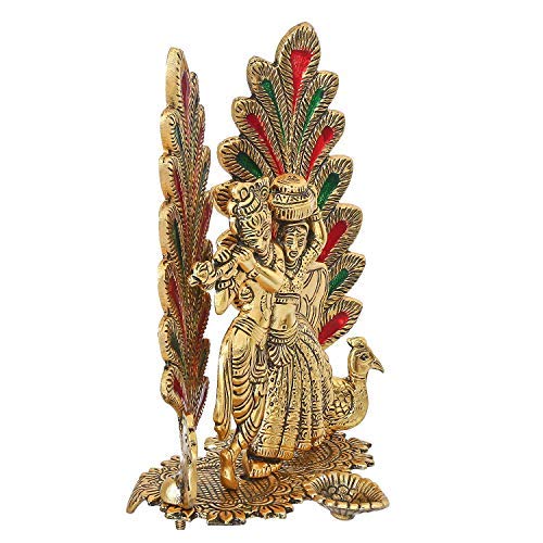 Prince Home Decor & Gifts Golden Oxidized Radha Krishna Statue with Diya and Dancing Peacock in Background