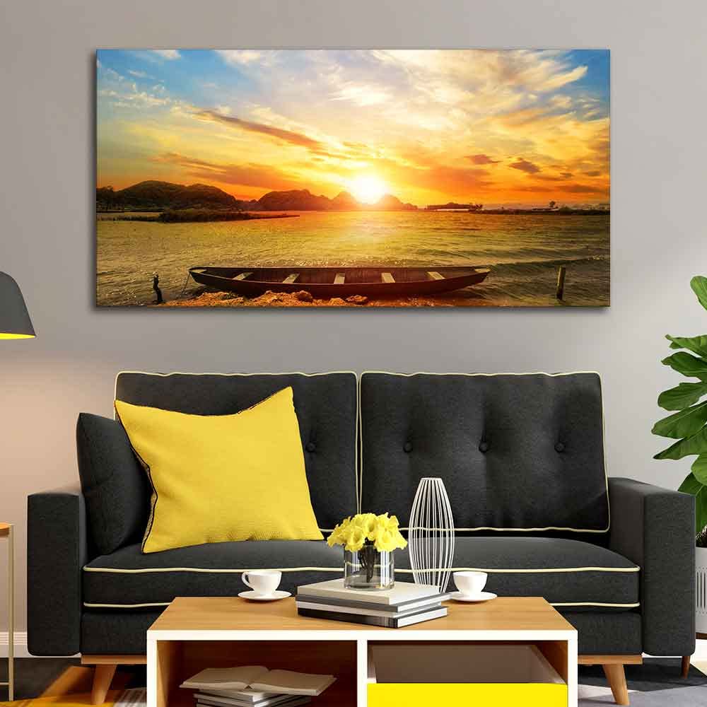 VIBECRAFTS Canvas Paintings for Living Room Drawing Room Beautiful Canvas Wall Painting of Boat on Beach & Sunset for Home|Office|Gift(PTVCH_2387N)