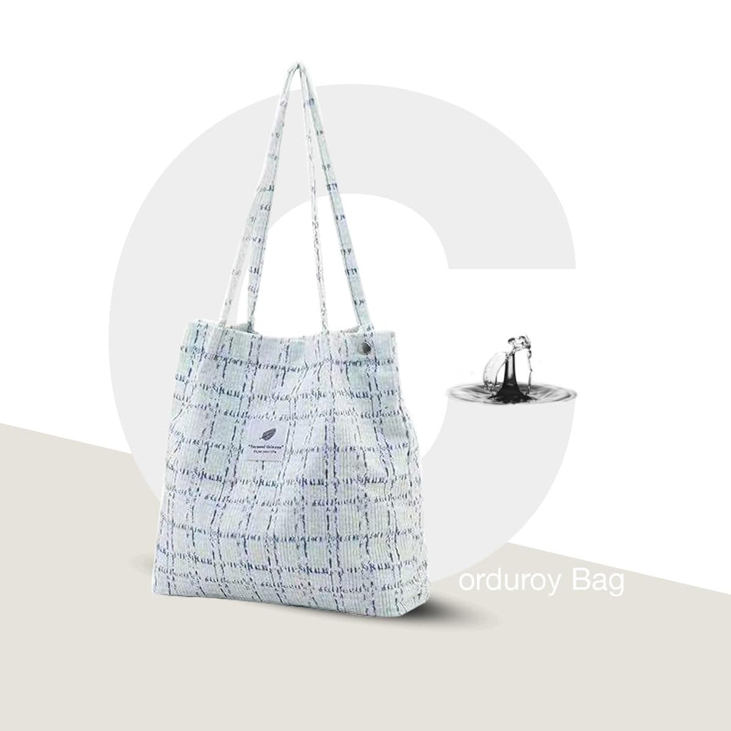 Lyrovo Women Corduroy Shoulder Tote Bag for Work Beach Travel and Shopping Grocery (Blue Checkered)