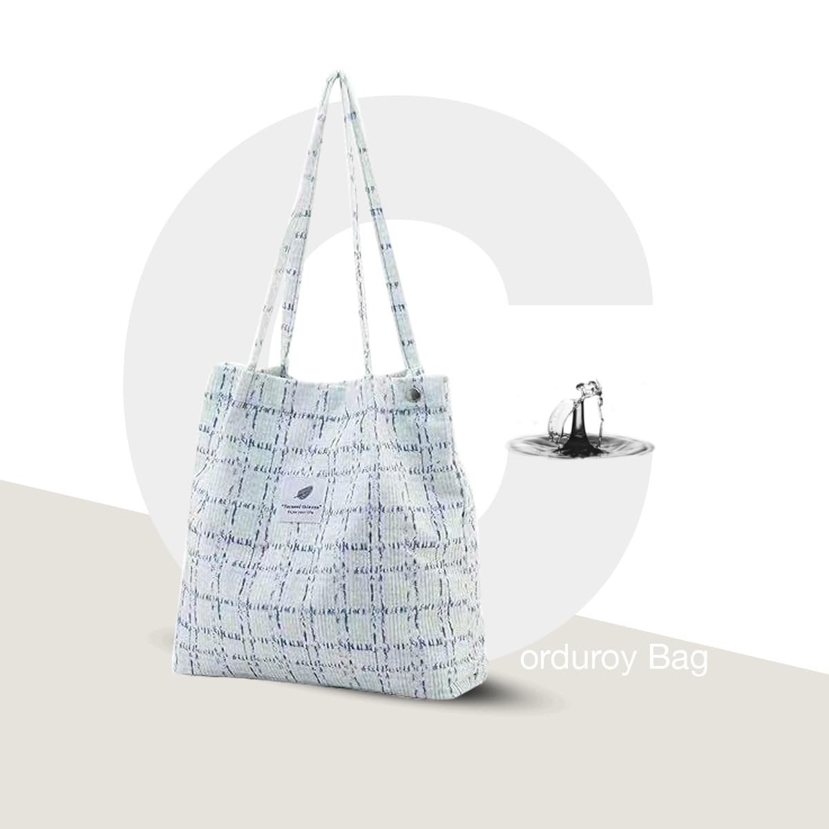 Lyrovo Women Corduroy Shoulder Tote Bag for Work Beach Travel and Shopping Grocery (Blue Checkered)