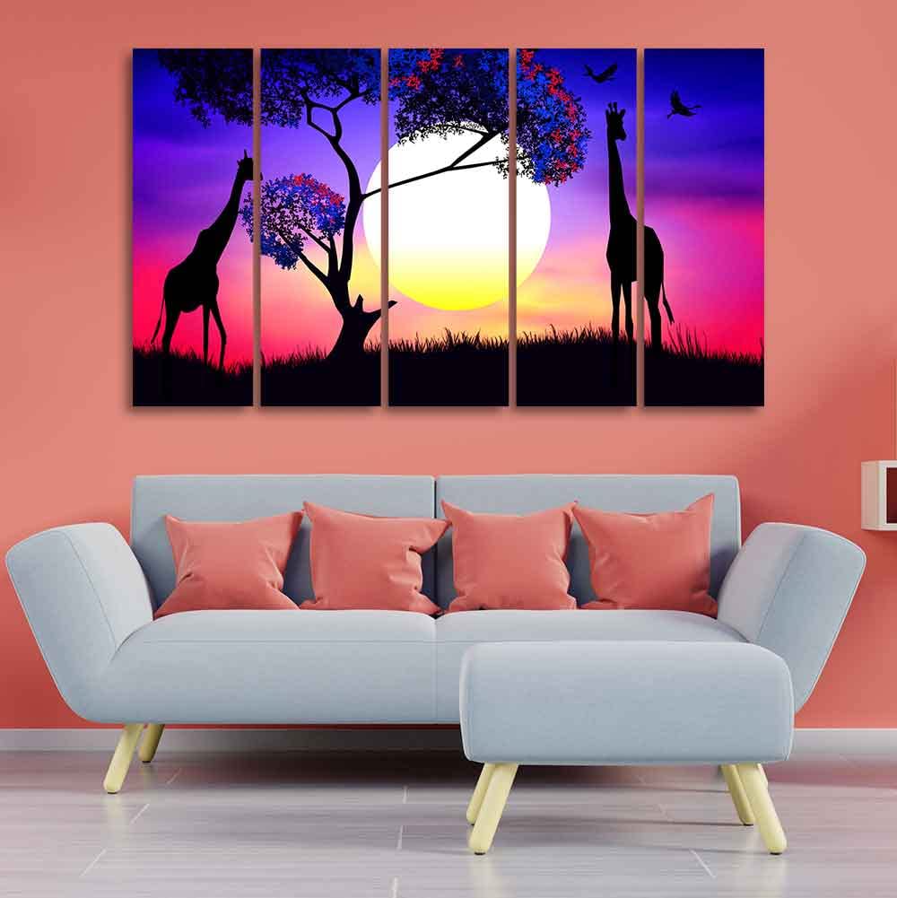 VIBECRAFTS Pair of Giraffe at Night Canvas Wall Painting of Five Pieces For Home|Office|Living Room|Gift (PTVC5Pcs4_8736)