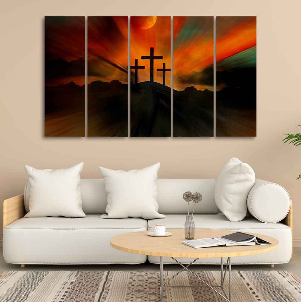 VIBECRAFTS Three Cross Silhouette Canvas Wall Painting of Five Pieces For Home|Office|Living Room|Gift (PTVC5Pcs4_8742)