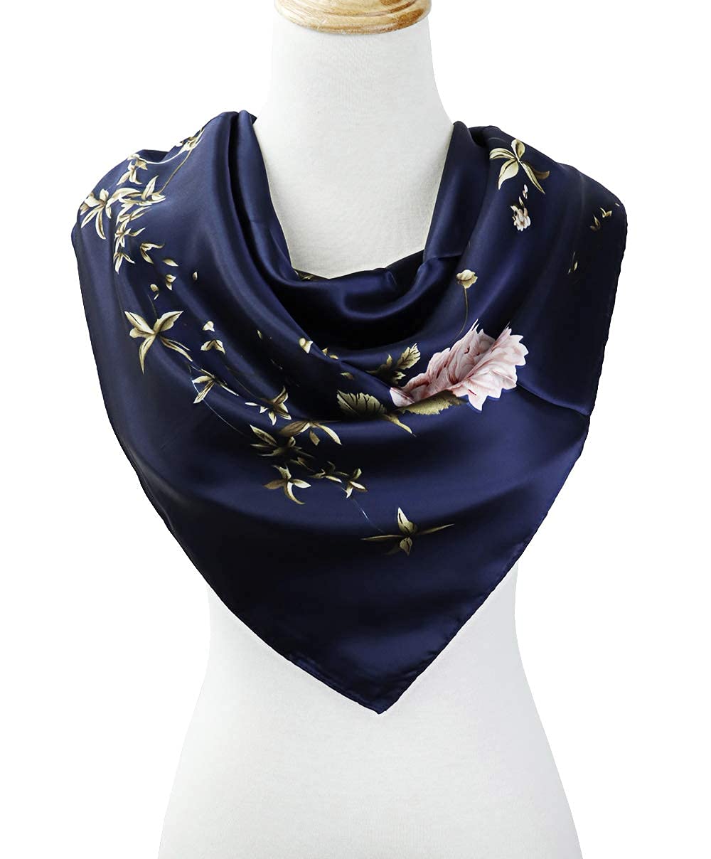 PALAY Satin Square Scarf For Women Hair Wrap 35 x 35 Navy Blue