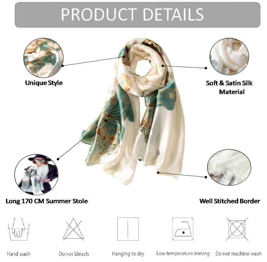 Alexvyan Satin Silk Summer Scarves 170 x 84 cm, Floral Print Green and Off White Colour with Stitched Border, Lightweight Fashion Scarf for Women Sun Protection Stole