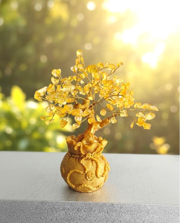 Sasha ES Citrine Crystal Money Bag Tree for Wealth, Prosperity & Good Luck, Gold Decorative Feng Shui Tree