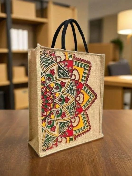 JuteLuv-Jute Bag with designer print | Shopping Bag | Office bag | Tiffin Bag | Multipurpose | Eco Friendly with Zip| Soft cotton handles|Spacious| Water resistant with heavy Jute Fabric (Pack of 5)