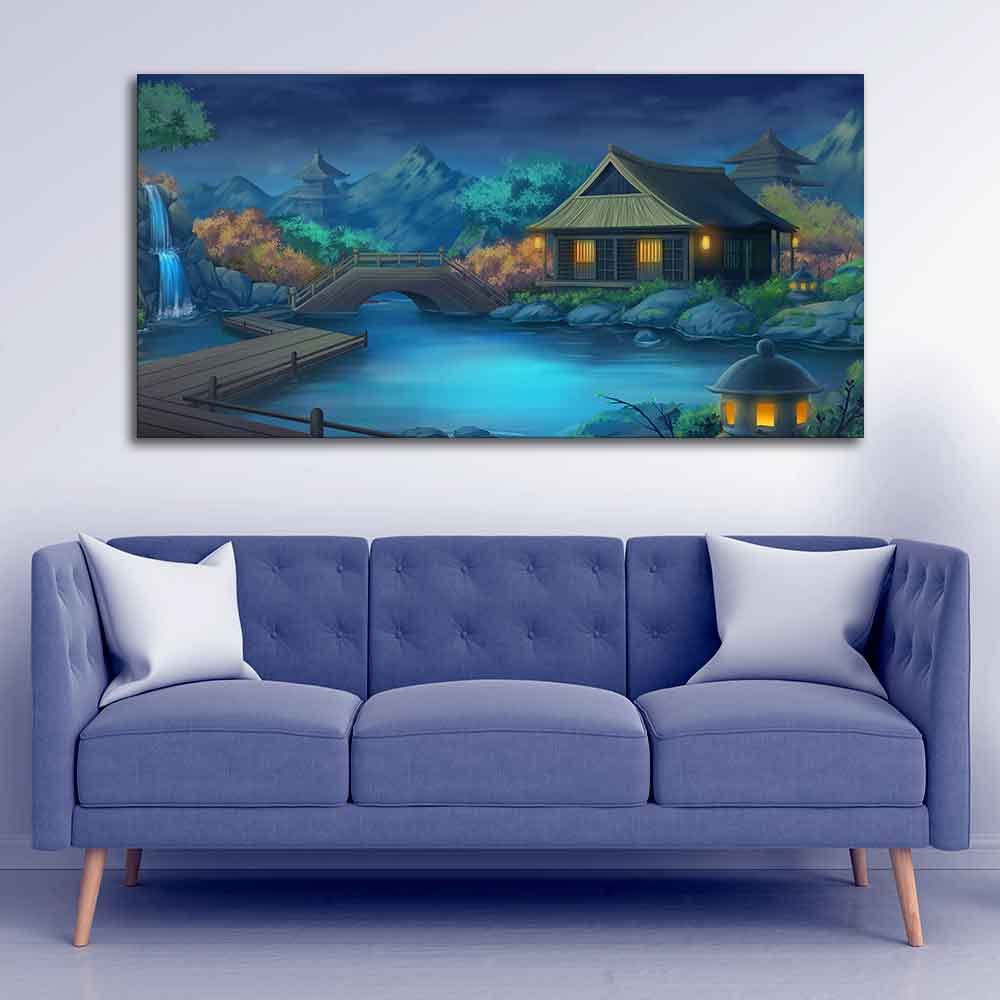 VIBECRAFTS Canvas Paintings for Living Room Drawing Room Beautiful Japanese Courtyard at Night Canvas Wall Painting for Home|Office|Gift(PTVCH_2394)(48 x 24 Inches)