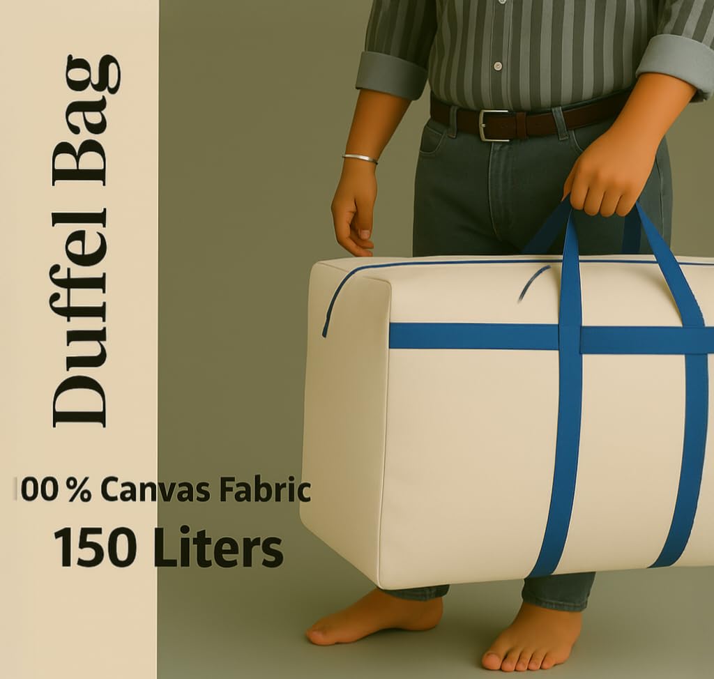 Large Cotton Canvas Shopping Bag, 24x22x10 Inches, Black and Blue Check Pattern, Reinforced Handles, 150L Capacity