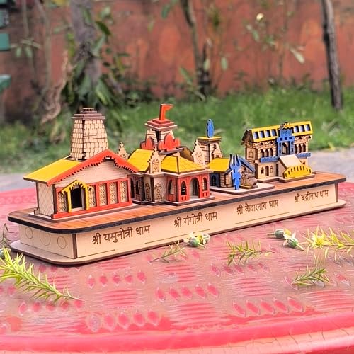 A & S VENTURES Pine Wood Handmade 3D Char Dham Model/Char Dham yatra Model Frame of Yamnotri, Gangotri, Kedarnath & Badrinath Dham for Home,Temple,Office,Gift,Deco'r