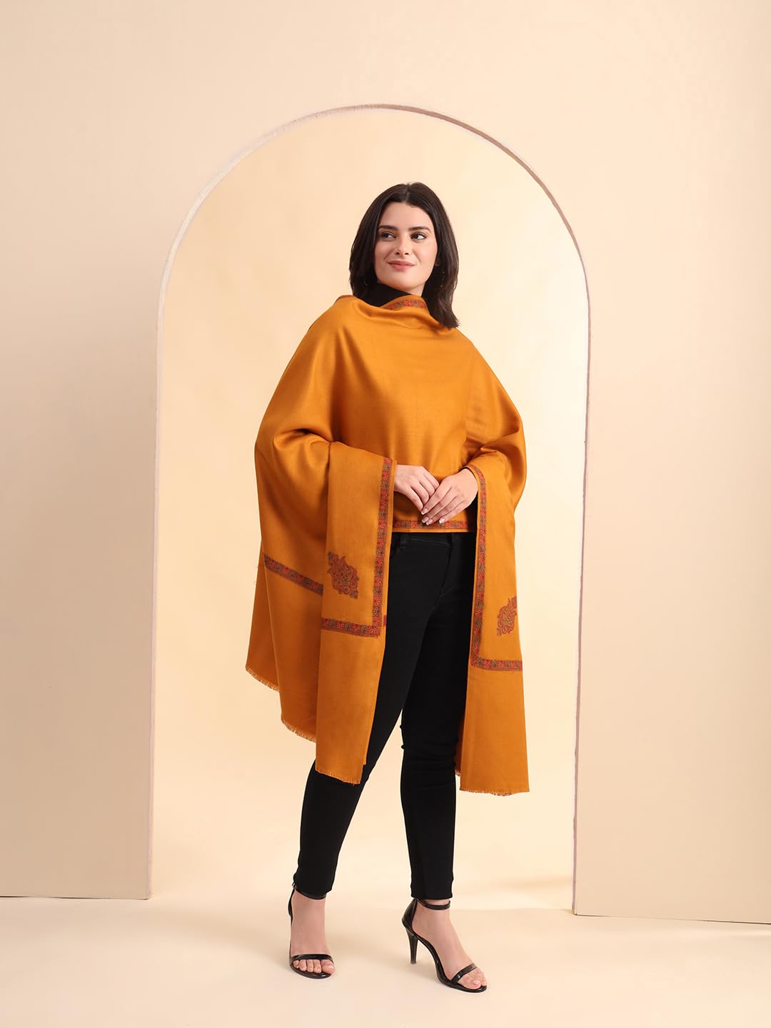 Zamour Kashmiri Pashmina Style Fine Kingri Embroidery Woollen Shawls for Winter (Mustard)