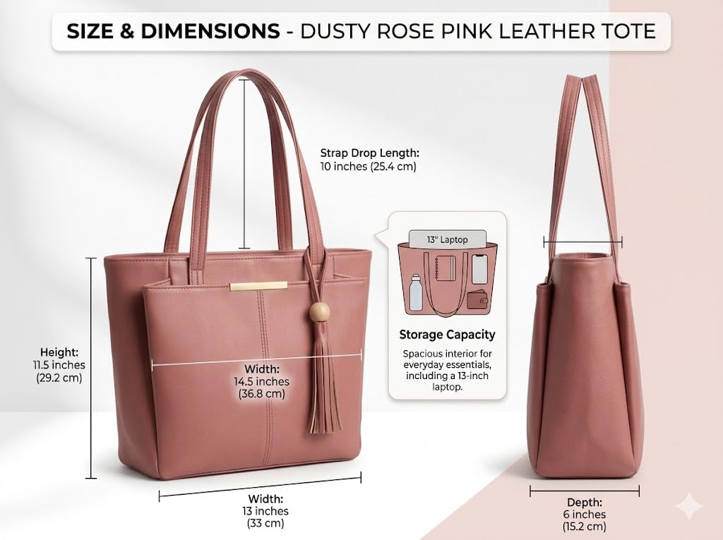 PAVILONN Women Tote Bag Ladies Handbag Shoulder Office Shopping Work Laptop PU Leather Brown Travel College Daily Use Designer Large Stylish Fashion Zipper Commuter Gift (PINK)
