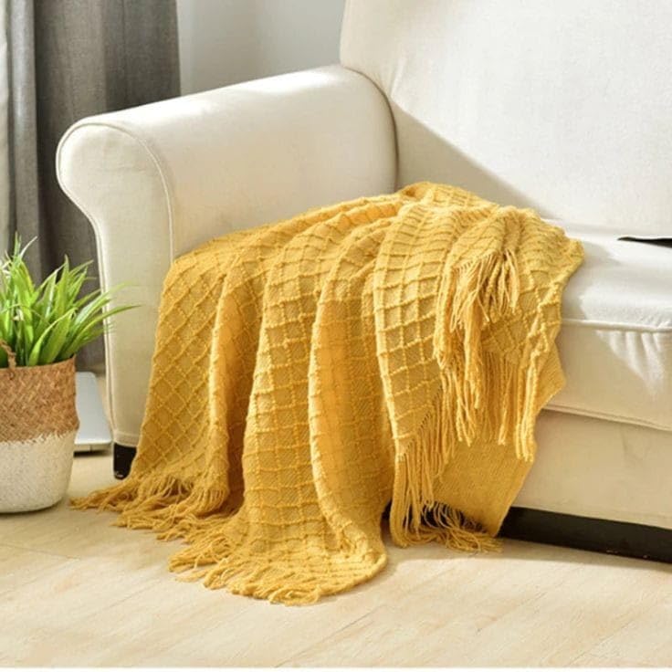 Tarantaran 100% Cotton Throw 50 X 60 Inches Decorative Living Room Couch and Sofa Knitted Blanket with Tassels Chevron, (127 X 152 Cm), 200 TC (Mustard) Kafalo