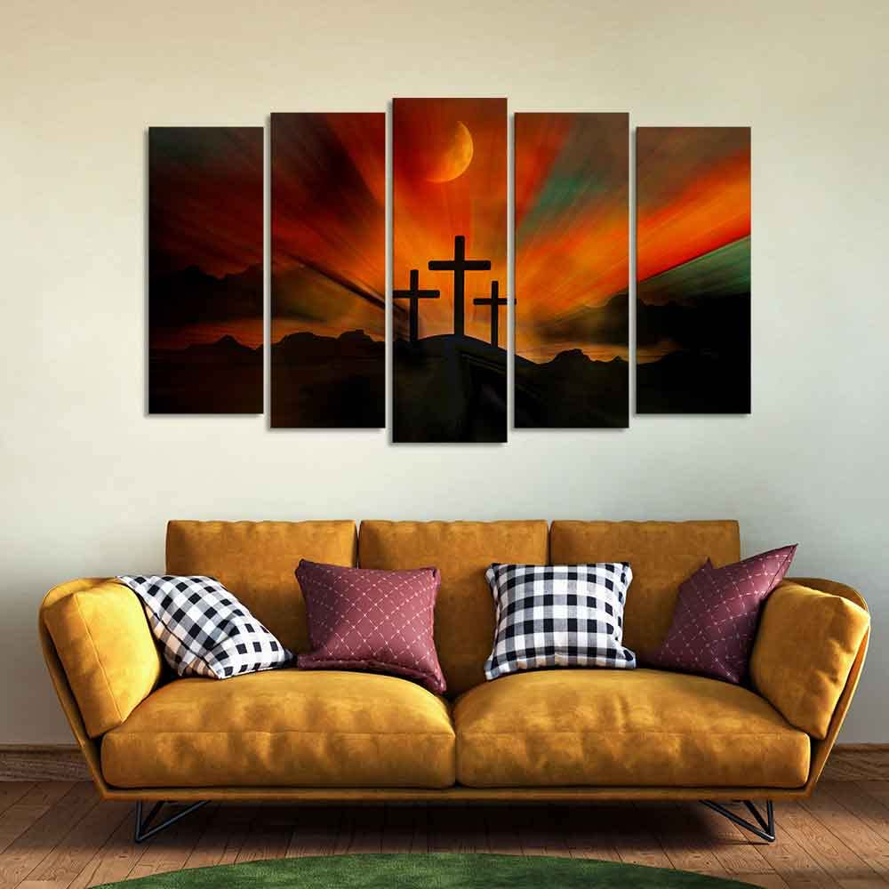 VIBECRAFTS Three Cross Silhouette Canvas Wall Painting of Five Pieces Set For Home|Office|Living Room|Gift (PTVC5Pcs2_6627)