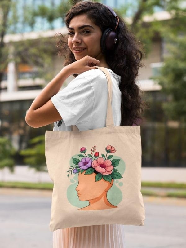 Kalaa Lifestyle Canvas Tote Bag for Women | Premium Cotton Shopping Bag | Eco-Friendly Shoulder Tote for Office, College, Travel & Daily Use and Gifting (The Flower Lady)