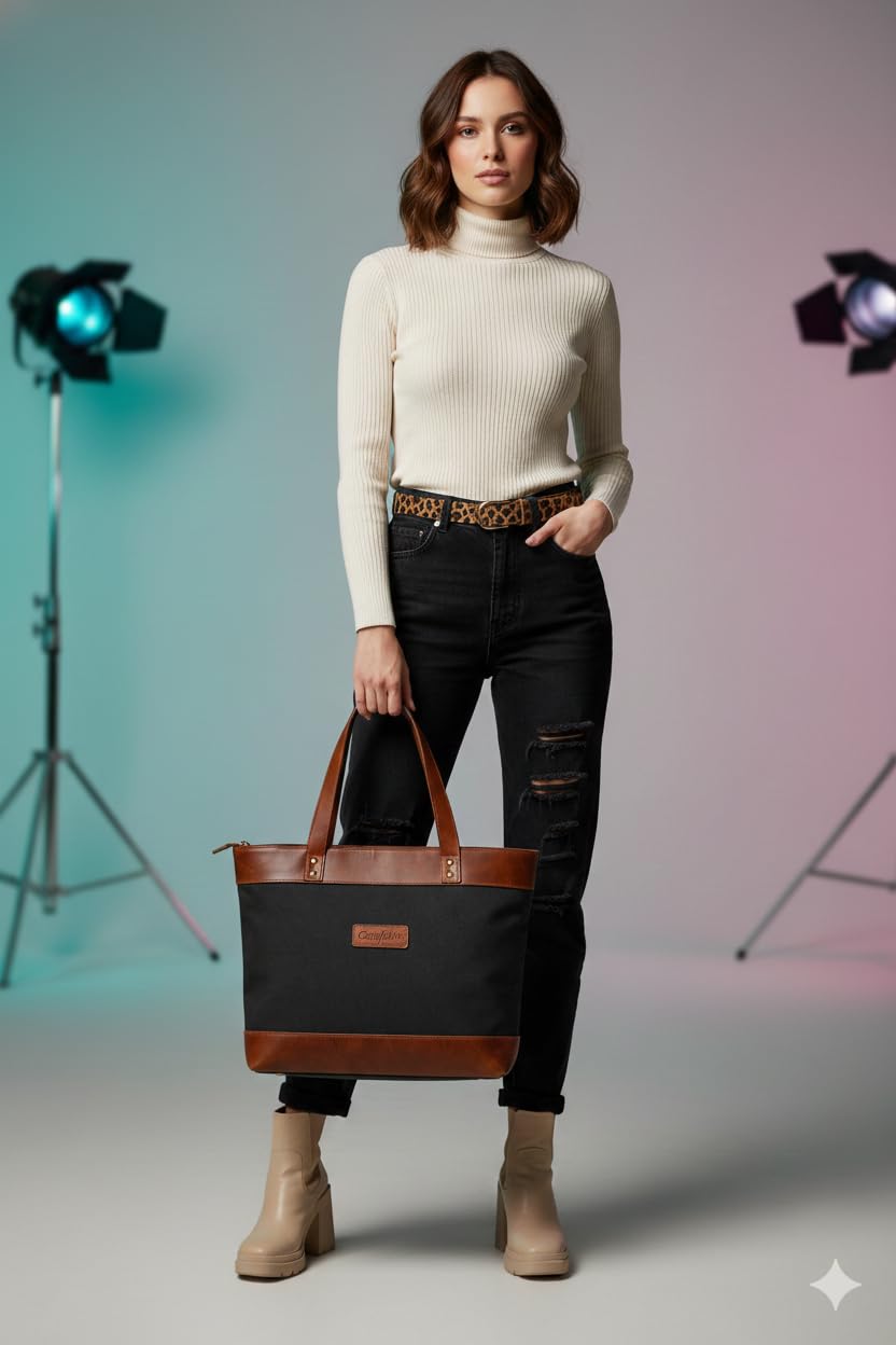 Comfabie tote Bag for Women Handcrafted Women's Canvas Bag with pure Leather Shoulder Tote Bag & Handbag for Office and College | Women Office Bag for Ladies | Ladies Purse Handbag (Black)