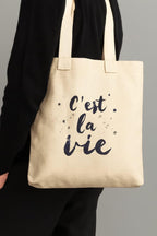RAL Heavy Duty 400 GSM Cotton Canvas Tote Bag for Women | Printed Shoulder Bag for Office, College & Grocery | Reusable Eco-Friendly Shopping Tote (38 x 9 x 32 cm) (C'est La Vie Print)