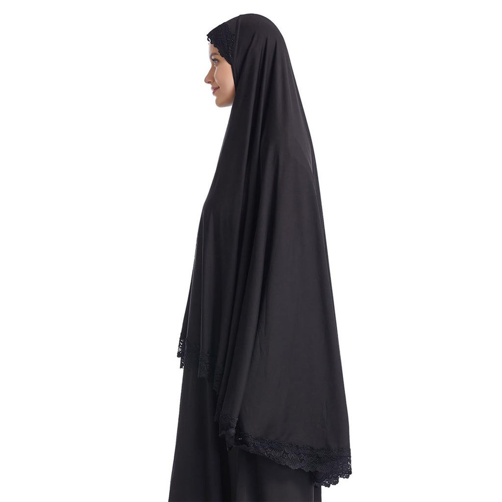 Muslim Hijab for Women Instant Big Hijab Khimar Abaya 1pc Soft Lace Scarf, Black, Large