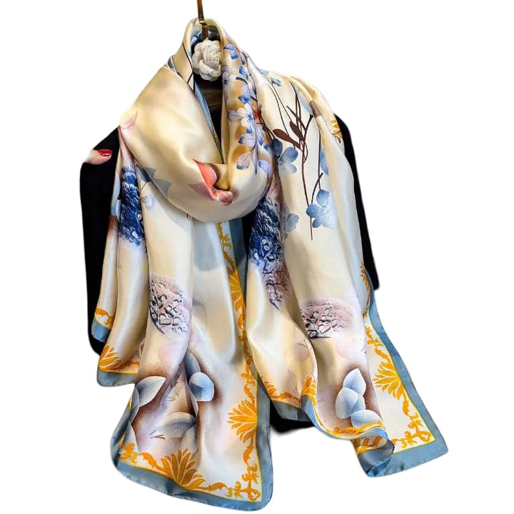 SWANKY Silk Stoles For Women Stylish Latest, Scarf for ladies & Girls, Head Neck Scarves, duppatta for girls (Cream With Yellow Flower)