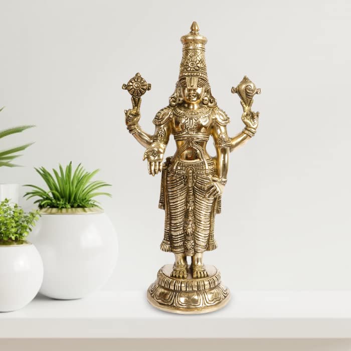 ARTVARKO Brass Tirupati Balaji Venkateshwara Idol Vishnu Chakra Namah Shankh Statue Murti Lord Srinivasa Pooja Vastu Religious Idol for Home Office Temple Decor Gift 18 Inch.