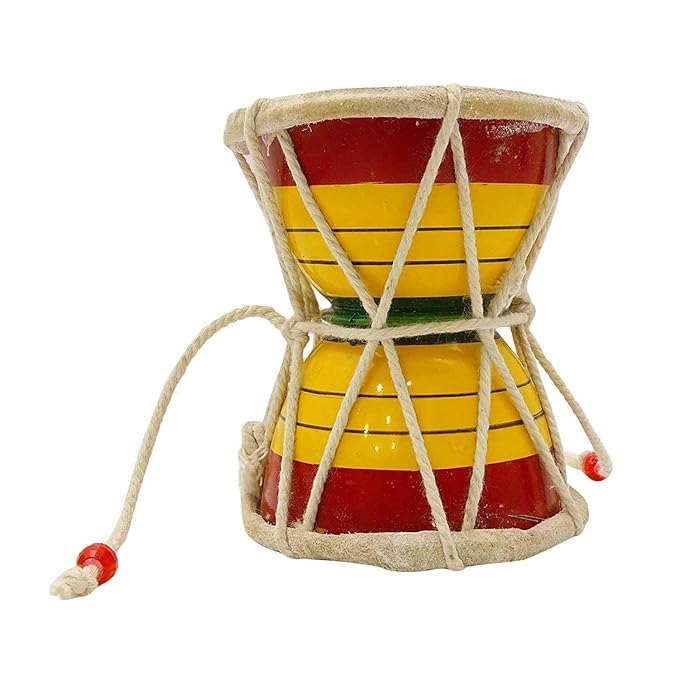 Griscon Handmade Lord Shiva Wooden Damru Handmade Damroo for Folk Bhajan Kirtan Pooja Indian Musical Instrument Damru. (12 cm Height) (Wood, Multicolor)
