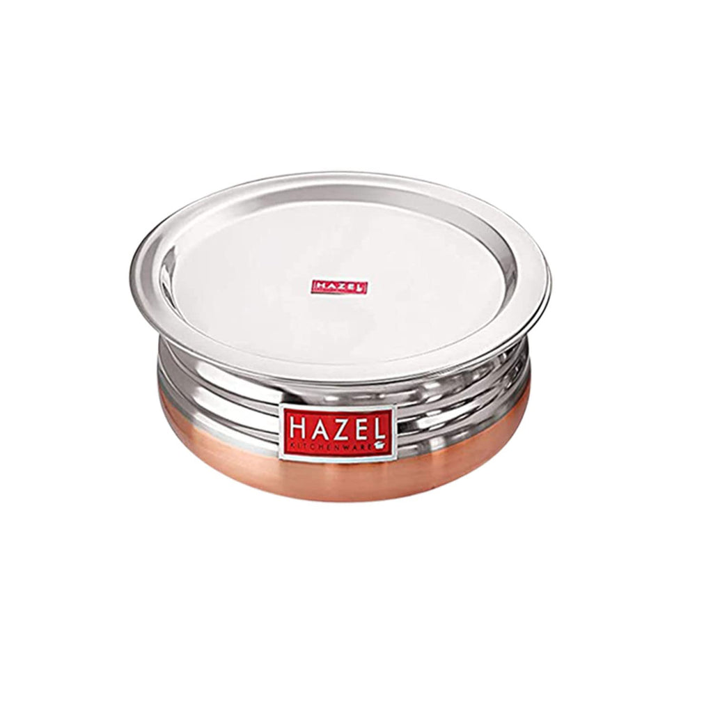 HAZEL Copper Bottom Uruli with Lid | Stainless Steel Urli Vessel for Cooking | 1000 ML Steel Kitche Cookware