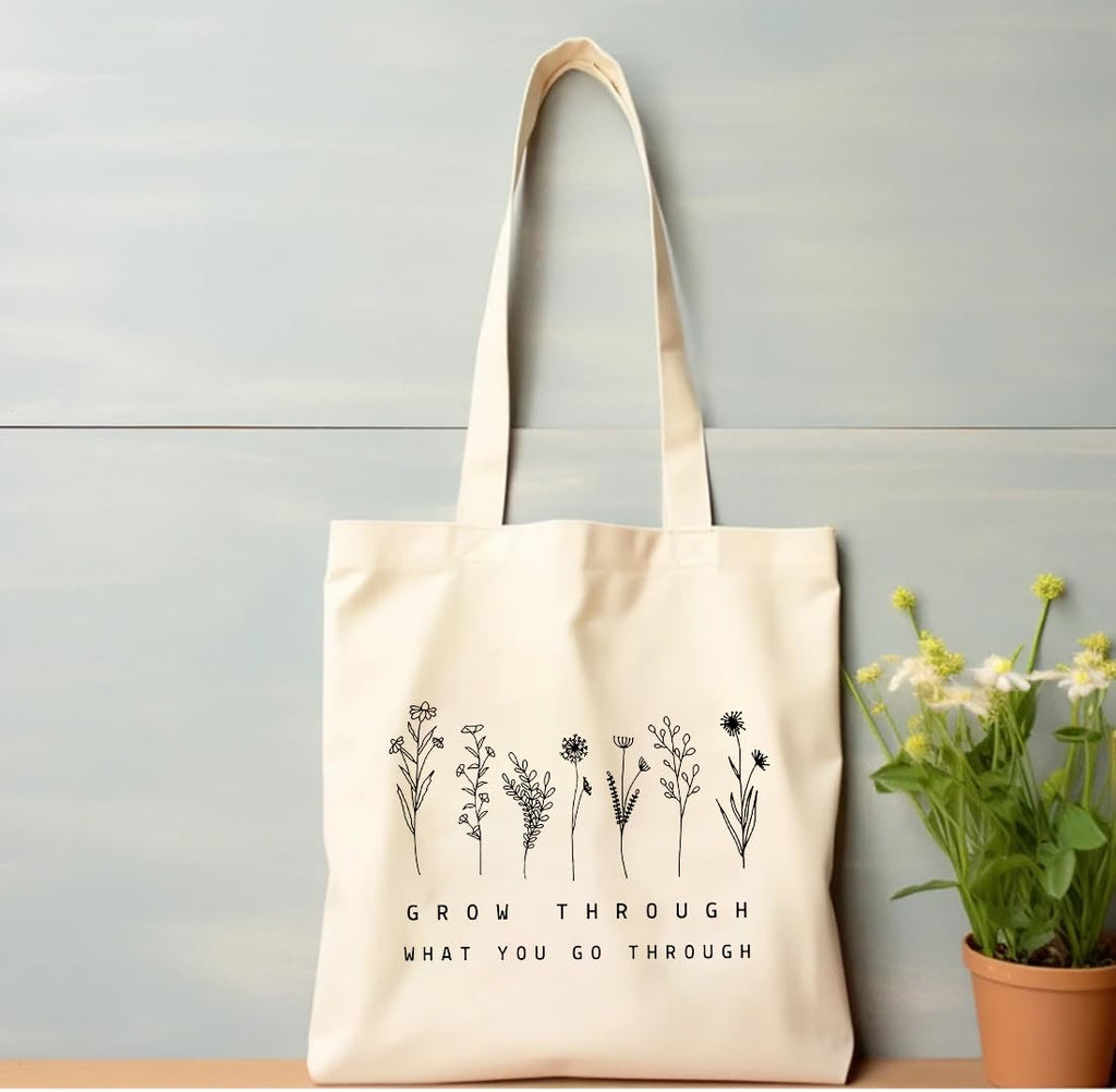 The Purple Tree Grow Through Floral Cotton Classic Tote Bag For Women - Eco Friendly, Reusable Shopping Bag, College Bag, White (Pack Of 1)