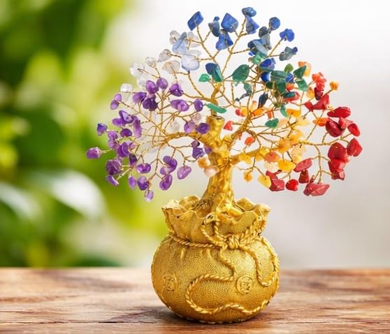 ZAICUS Seven Chakra Crystal Tree Showpiece with Golden Bag Base – Feng Shui Gemstone Bonsai for Home Decor, Office Table & Cororate Gift (7 X 3 Inch)