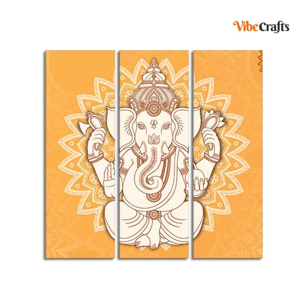 VIBECRAFTS 3 Pieces Shree Ganesh Ji Canvas Wall Painting Fitted With Wooden Frame For Home | Office | Living Room | Gifts (PTVC3Pcs1_9579)
