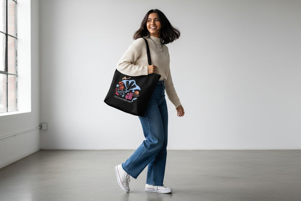 DANIOO Large Black Cotton Canvas Tote Bag for Women with Zipper, Inner Pocket and Bottle Holder