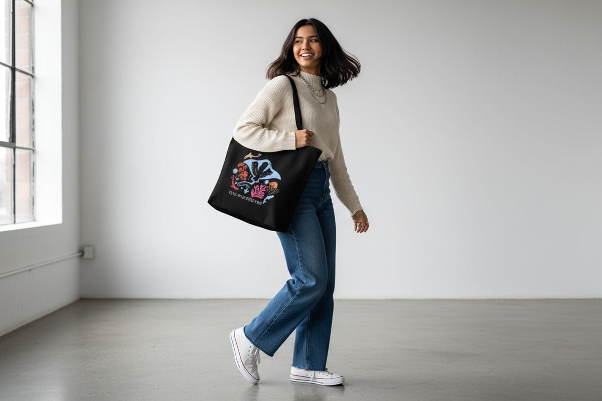 DANIOO Large Black Cotton Canvas Tote Bag for Women with Zipper, Inner Pocket and Bottle Holder
