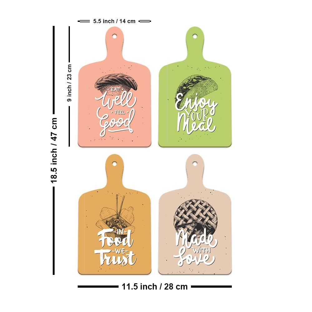 Artvibes Eat Well Feel Good Printed Wooden Wall Hanging for Kitchen | Cafe | Restaurant | Dining Room | Quotes Decor Item | Wall Poster | Food Quotes Decoration | Gift Items(WH_5609NV), Set of 4