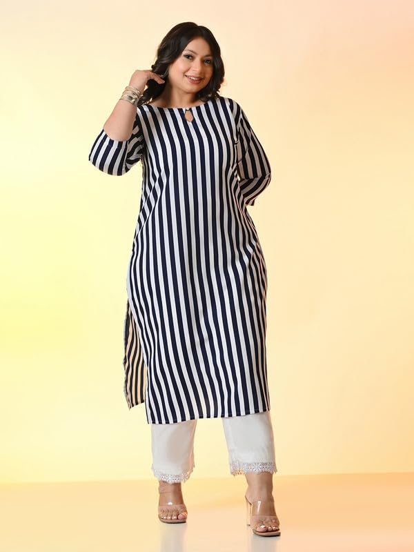 PrettyPlus by Desinoor.com Plus Size Navy White Stripped Kurta