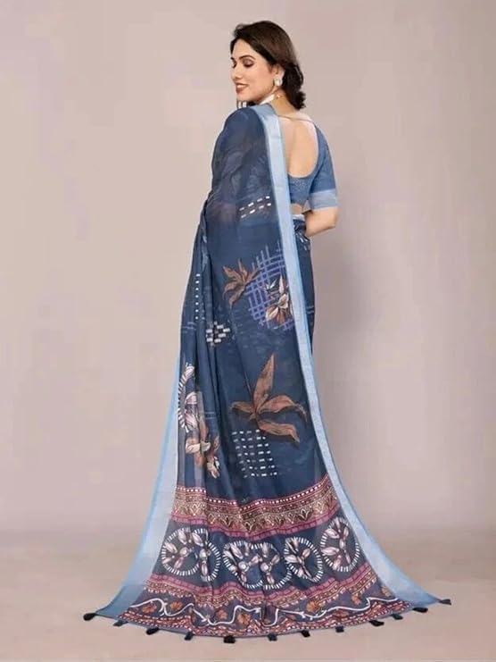 HARI PRIYA PRINTS Women Digital Novelty Printed Linen Cotton Silver Zari Border Saree With Unstitched Blouse Piece Women's Floral Printed Linen Blend Saree Included