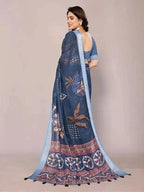 HARI PRIYA PRINTS Women Digital Novelty Printed Linen Cotton Silver Zari Border Saree With Unstitched Blouse Piece Women's Floral Printed Linen Blend Saree Included
