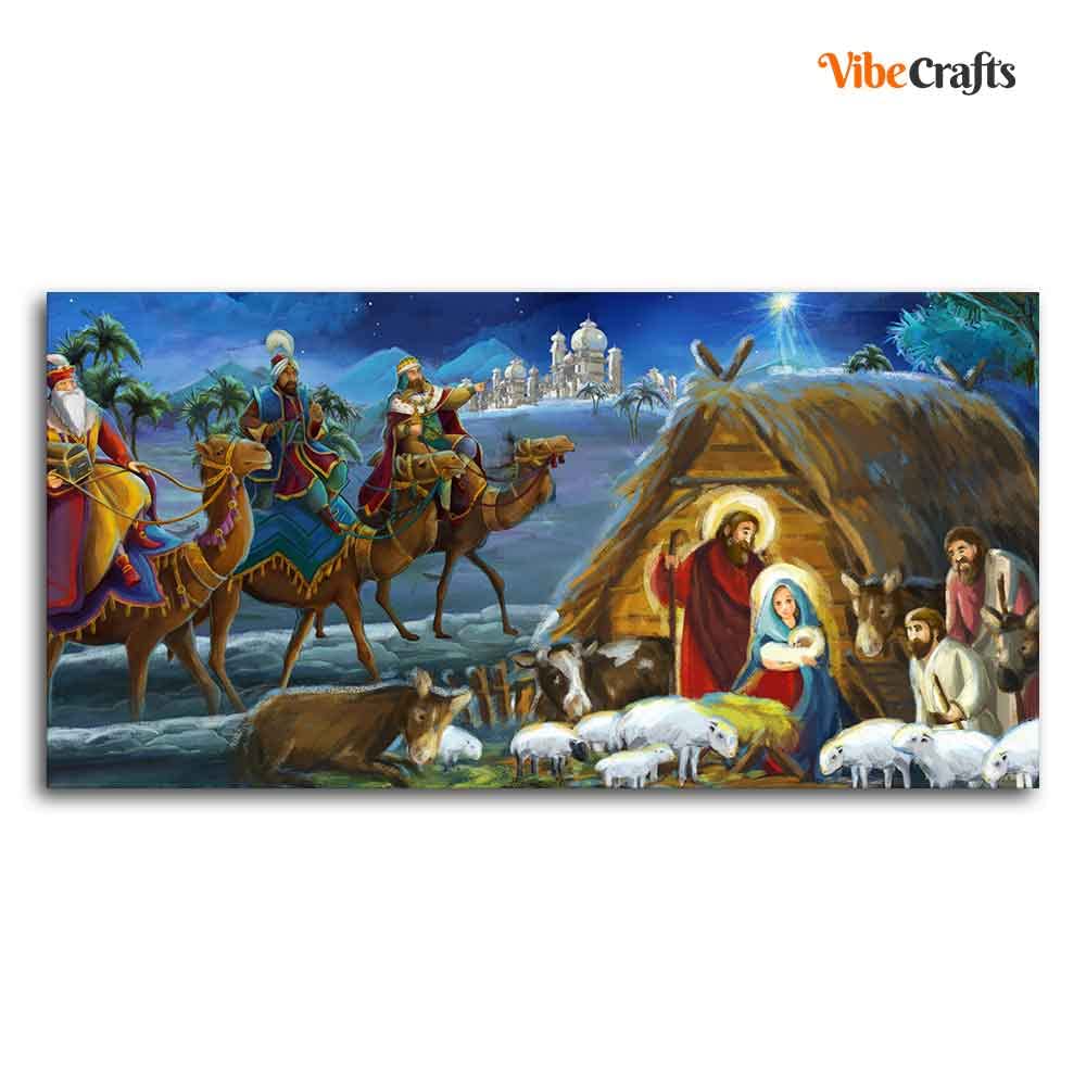VIBECRAFTS Canvas Paintings for Living Room Drawing Room Three king And Holy Family Canvas Wall Painting Fitted With Wooden Frame for Home | Office | Gift (PTVCH_2448)