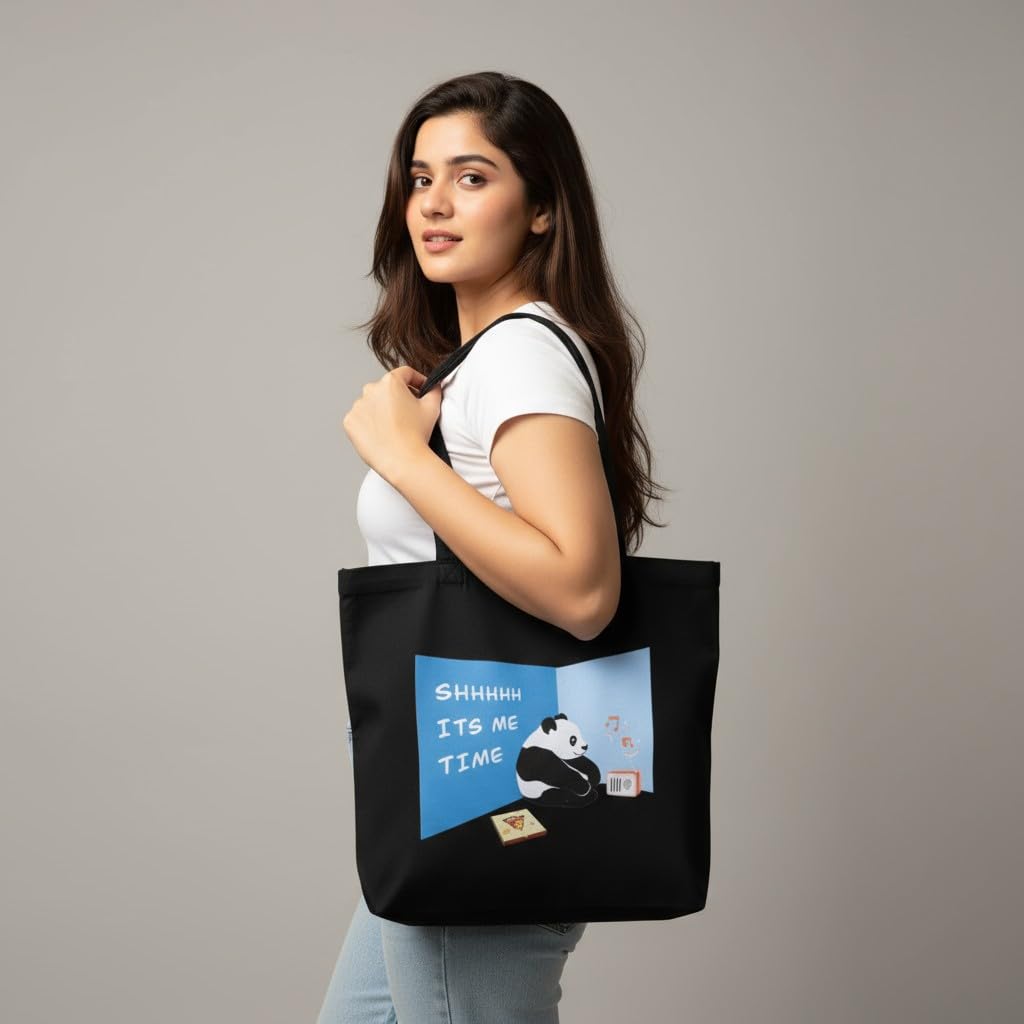 DANIOO Large Cotton Canvas Tote Bag for Women - Black College Handbag with Bottle Holder & Inner Pocket - Introvert Panda
