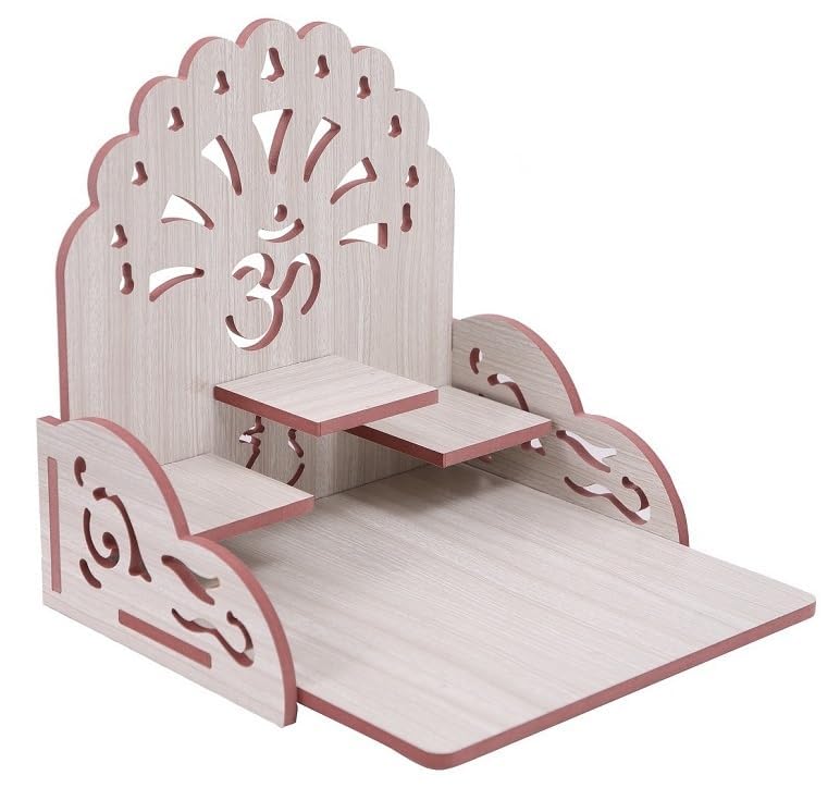 AVONIX Traditional Wooden Pooja Mandir Premium White Wooden Tabletop Pooja Mandir with Om Cutout & 3-Tier Platform | MDF Home Temple for Idols, Diya & Prayer Decor | White Wood Finish