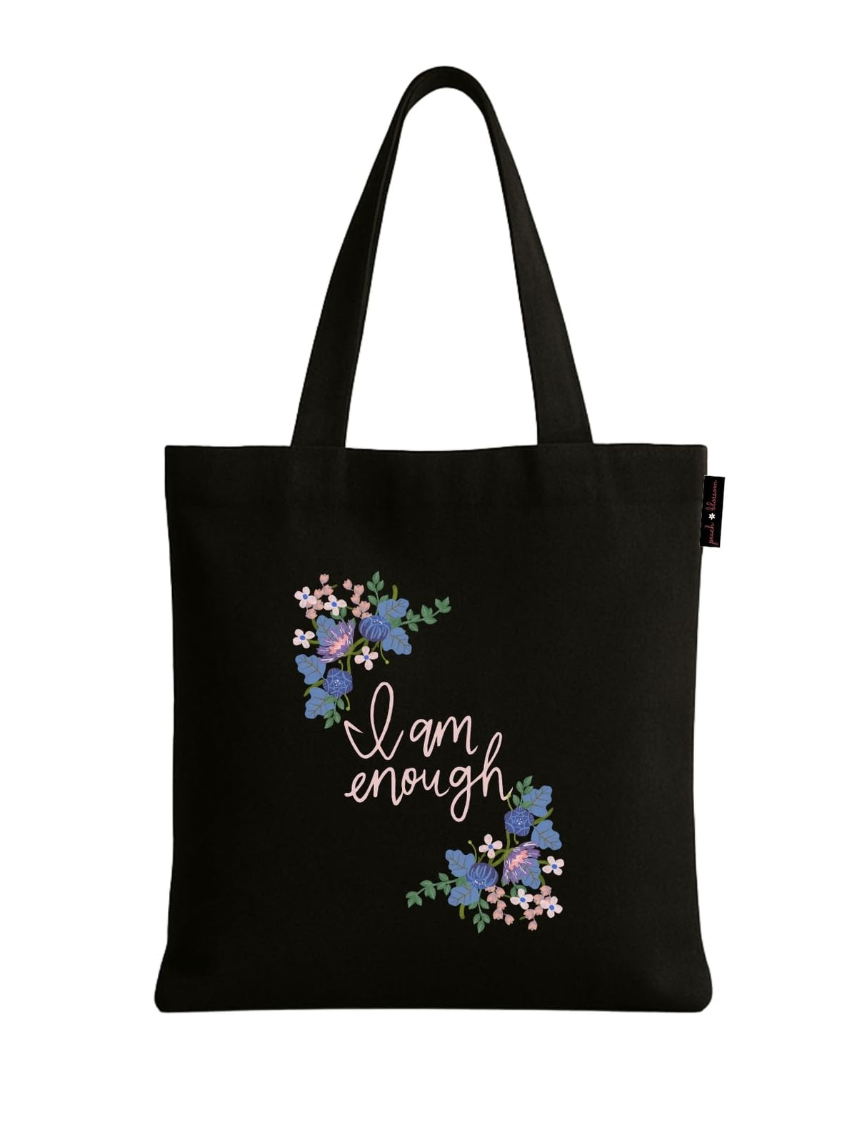 Peach Blossom Women's Printed Cotton Zipper Tote Bags (BLK - I M ENOUGH)