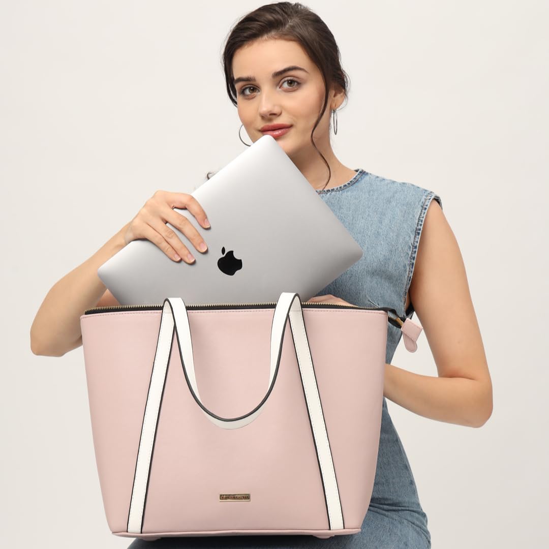 The Gusto Aza - Premium Vegan Leather Tote Bag For Women With Grained Texture|Medium Size Stylish Hand Bag/Shoulder Bag, Fits Upto 14 Laptop, Pink