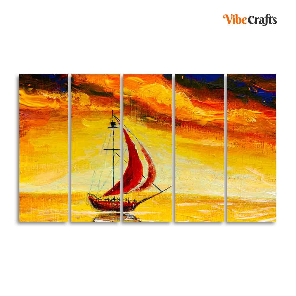VIBECRAFTS Sailing Ship with Red Sails Five Pieces Wall Painting For Home|Office|Living Room|Gift (PTVC5Pcs4_8653)