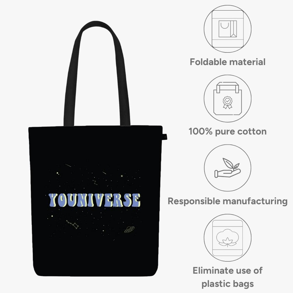 Eco Right Canvas Tote Bags for Women with Zip, College Bag for Girls, 100% Organic Cotton Tote Bag for Shopping, Travel & beach bags for women (Youniverse)